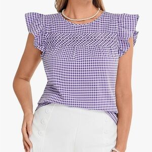 Purple Gingham Ruffle Sleeve Top